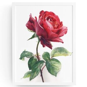 Watercolor Single Red Rose Wall Art Print, Unframed - Timeless Floral Elegance